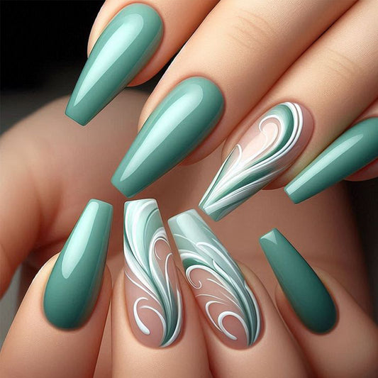 Enchanting Green Dream Long Coffin Shaped Glossy Nail Set with Whimsical Swirl Design