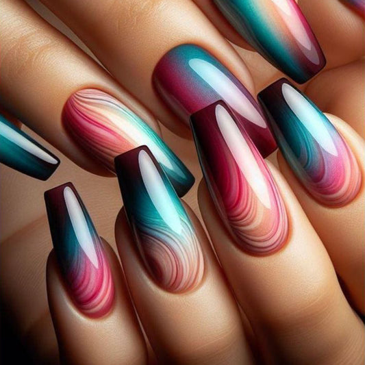 Whimsical Waves Long Coffin Ombre Nail Set with Unique Swirl Design