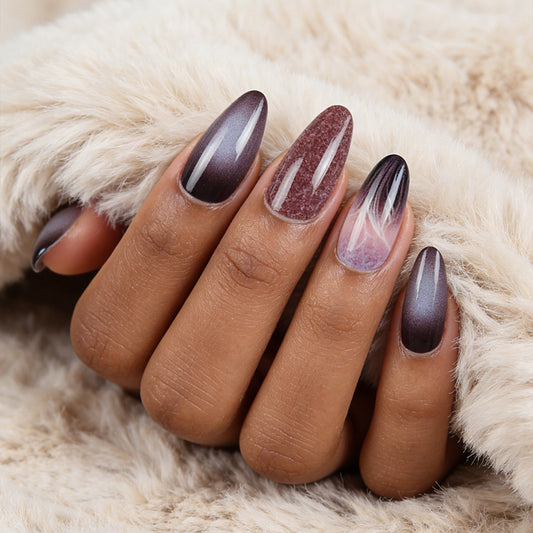Elegant Enchantment Long Almond Shaped Gradient Purple Ombre Press On Nail Set with Stunning Marble Accent