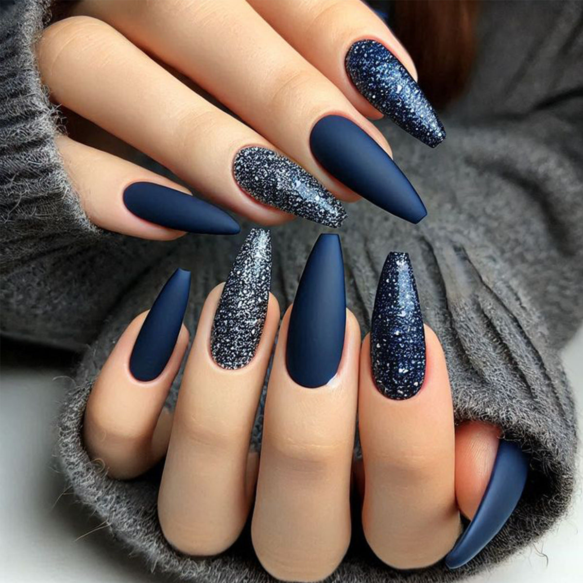 Starry Night Glamour Extra Long Coffin Matte and Sparkling Navy Press On Nail Set
