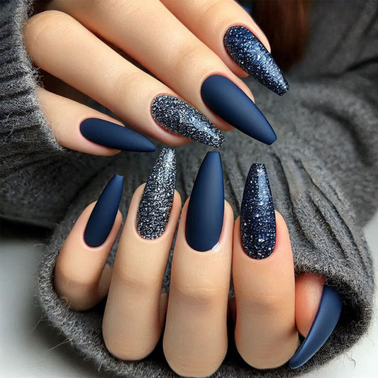 Starry Night Glamour Extra Long Coffin Matte and Sparkling Navy Press On Nail Set