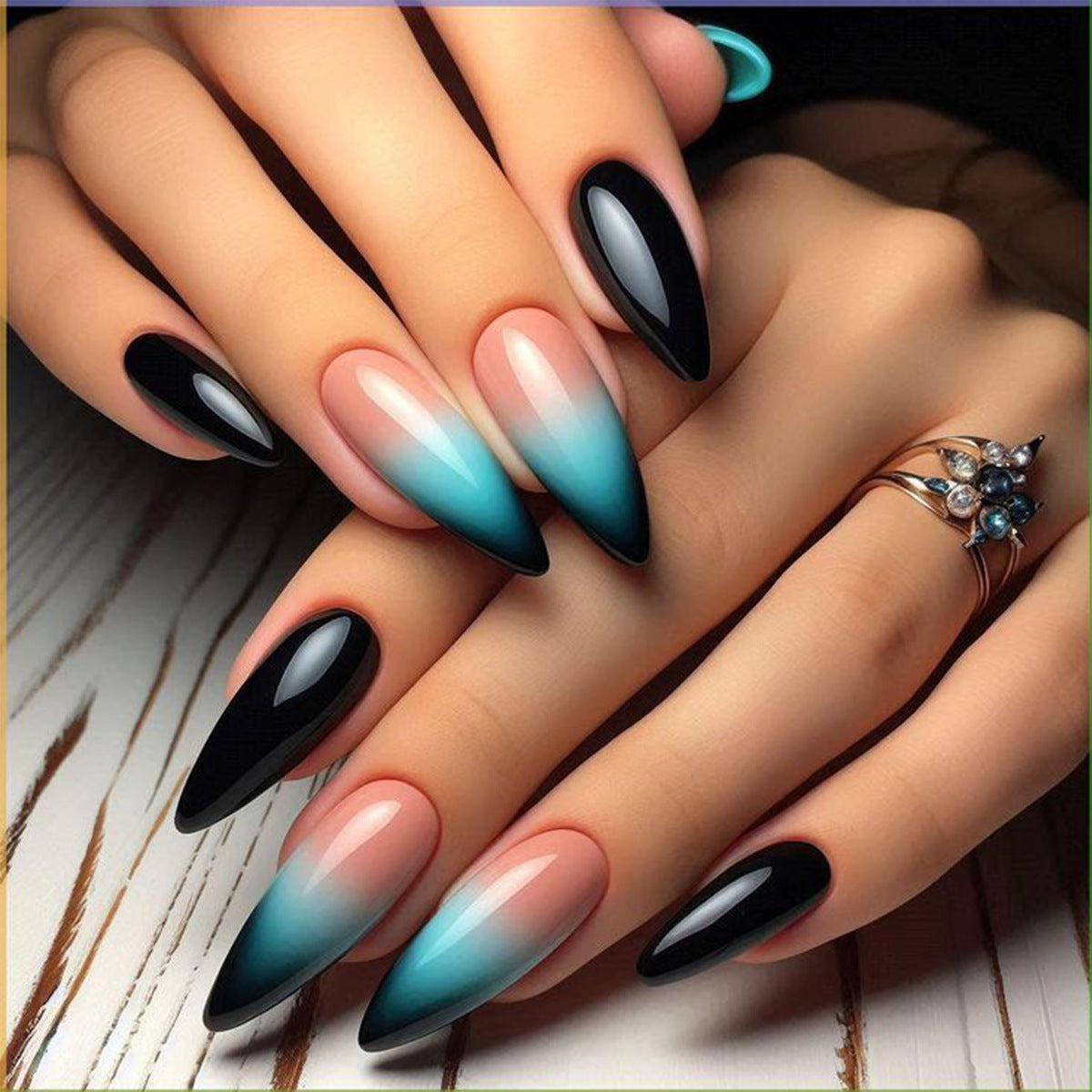 Enchanting Elegance Long Stiletto Nails Black and Aqua Ombre with Glossy Finish