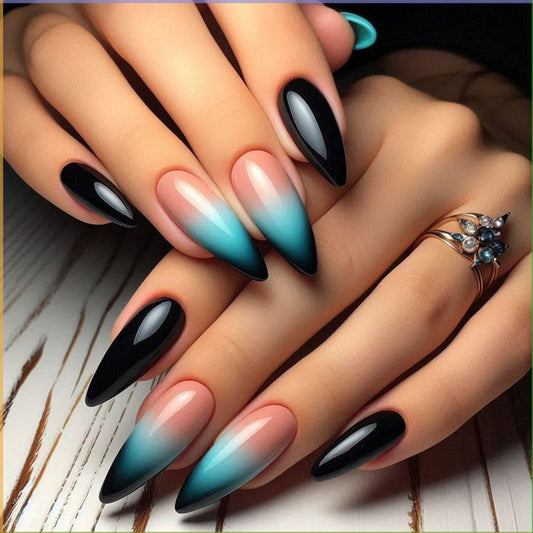 Enchanting Elegance Long Stiletto Nails Black and Aqua Ombre with Glossy Finish