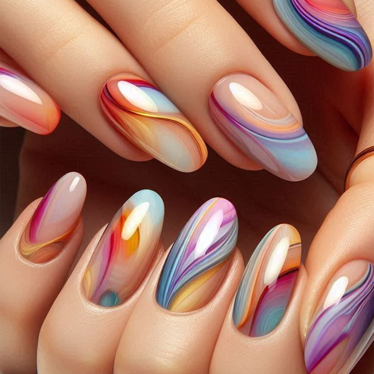 Whimsical Waves Medium Oval Multicolored Swirl Design Press on Nail Set
