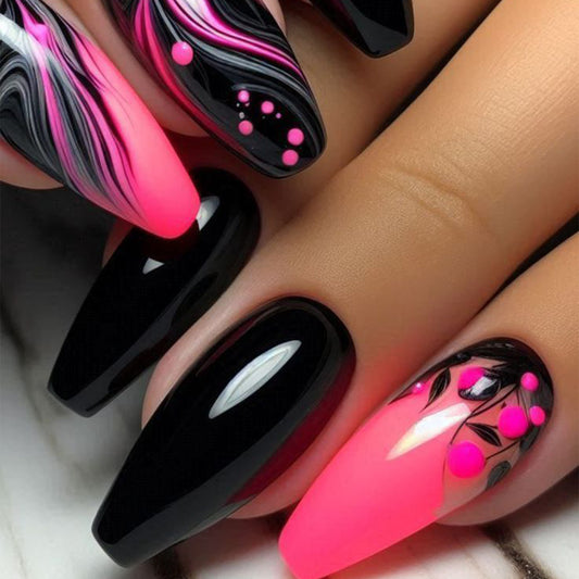 Bold Glamour Long Coffin Black and Hot Pink Swirl Design with Unique Floral Touch Press On Nail Set