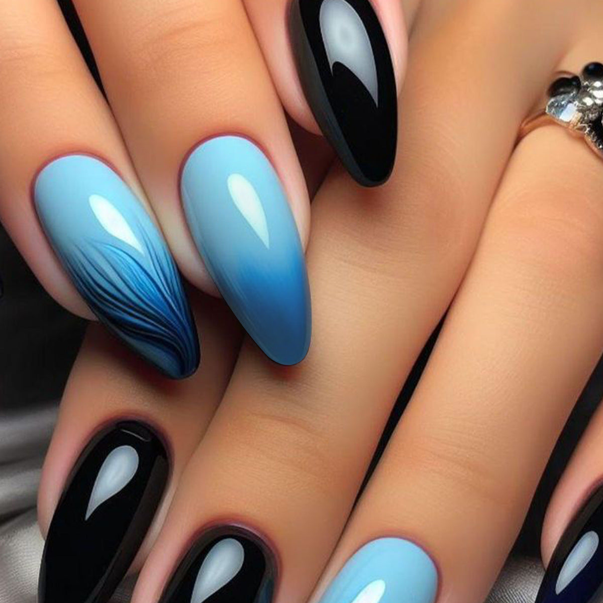 Ocean Dreams Long Almond Blue Ombre Press On Nail Set with Glossy Finish
