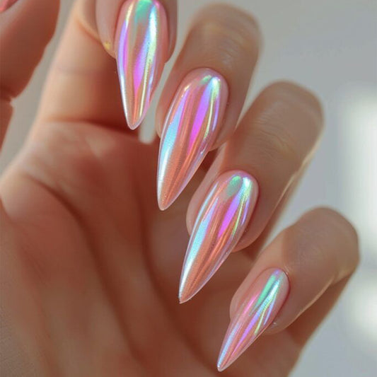 Dreamy Glimmering Long Stiletto Rose Gold Press On Nail Set with Iridescent Shine