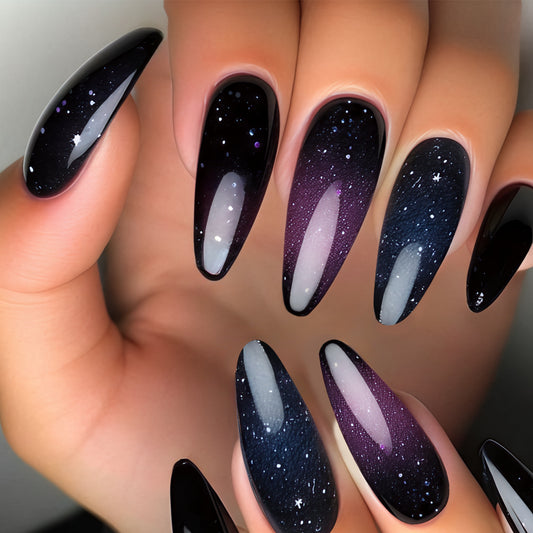Celestial Dream Long Almond Shaped Black and Purple Gradient Press On Nail Set with Starry Glitter Effect