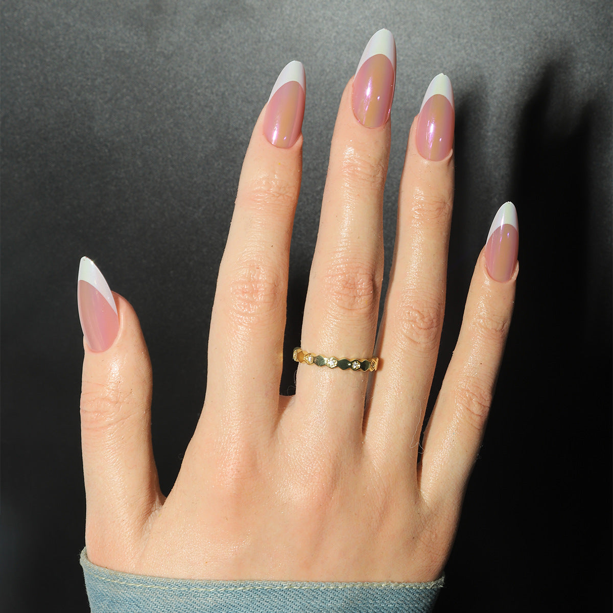 Glamorous Chic Long Almond Pink Gradient Press On Nails with Elegant White Tips