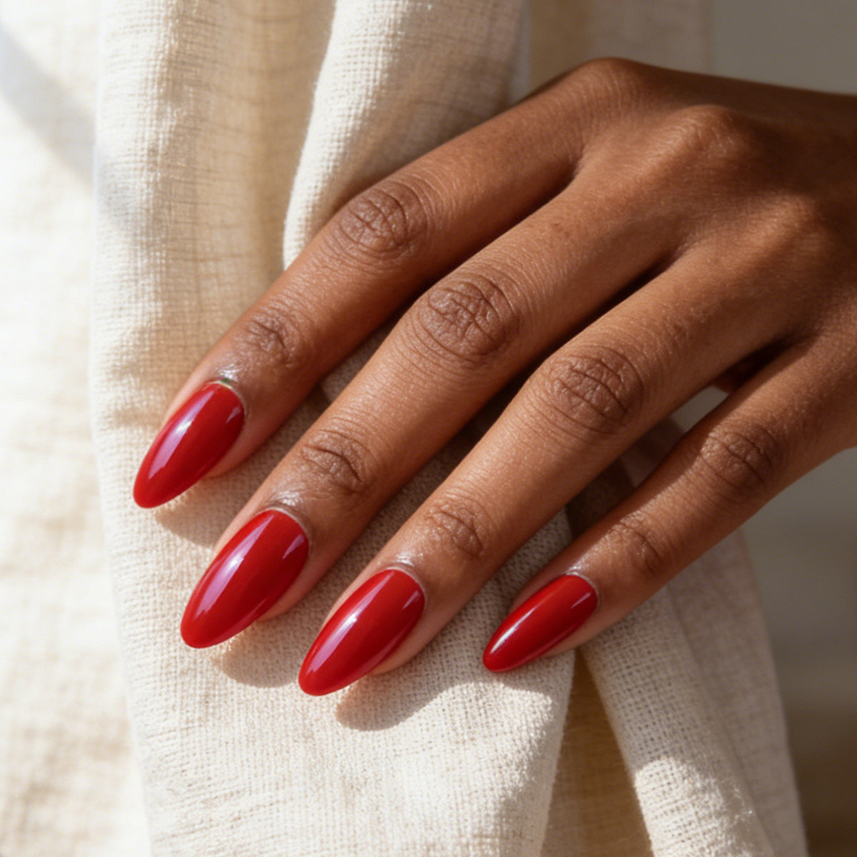 Elegant Glamour Long Almond Red Press On Nail Set with High Gloss Finish