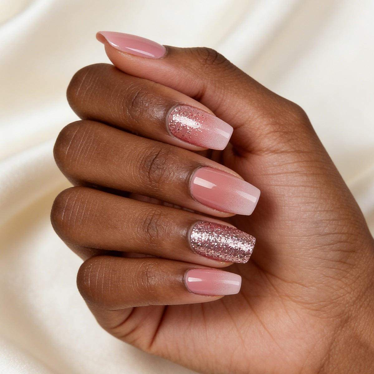 Glimmering Rose Gold Short Square Ombre Nail Set with Sparkling Accent