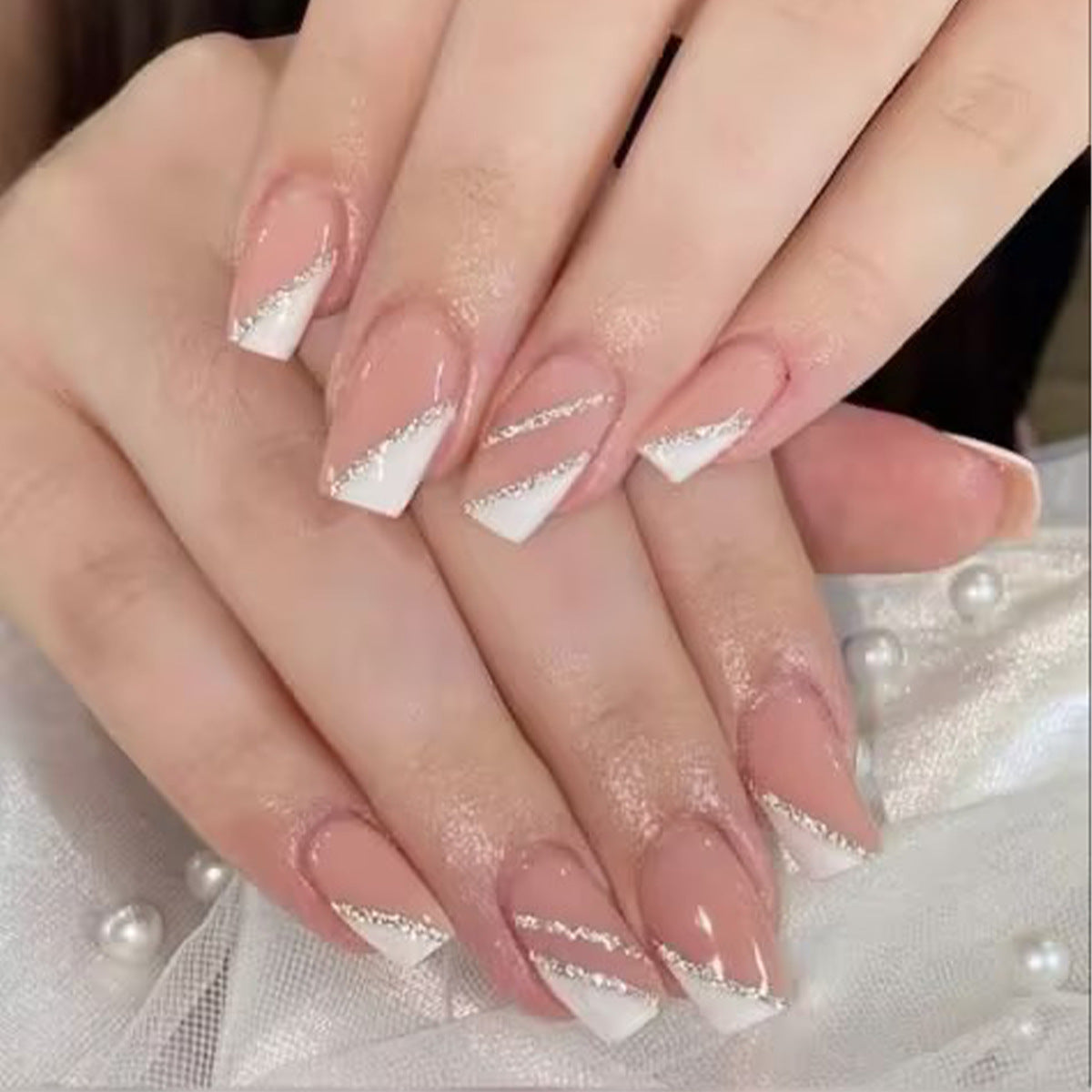 Glamorous Elegance Medium Square Beige and White Press On Nail Set with Dazzling Silver Accent
