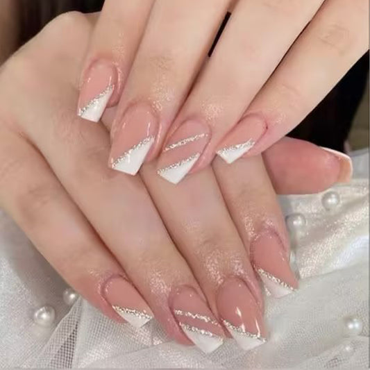 Glamorous Elegance Medium Square Beige and White Press On Nail Set with Dazzling Silver Accent