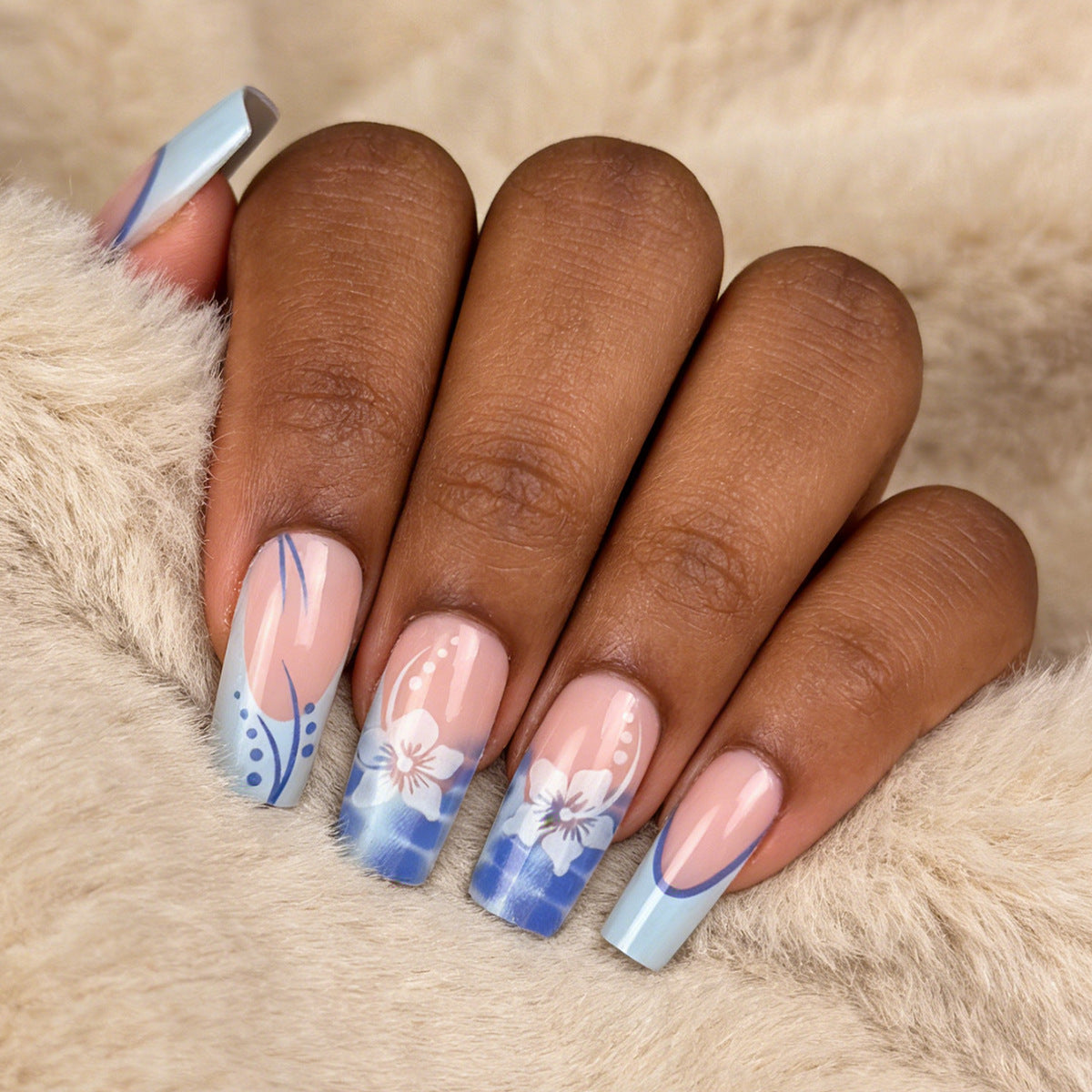 Ocean Breeze Long Square Blue Floral Design Press On Nail Set