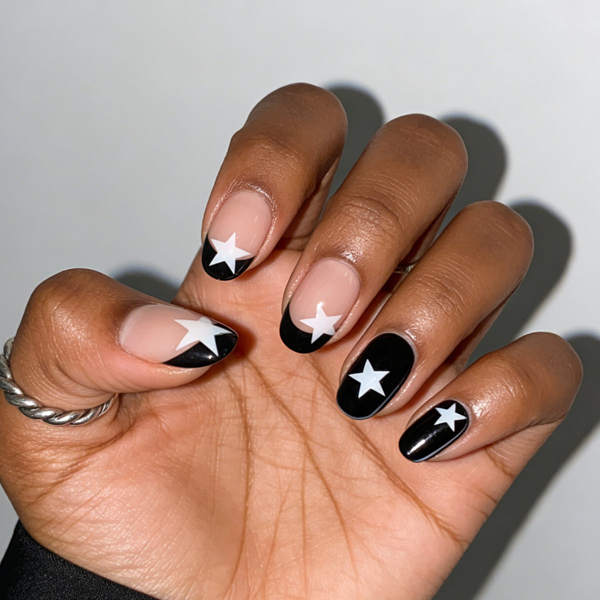 Celestial Glam Medium Oval Black with Star Design Press On Nail Set