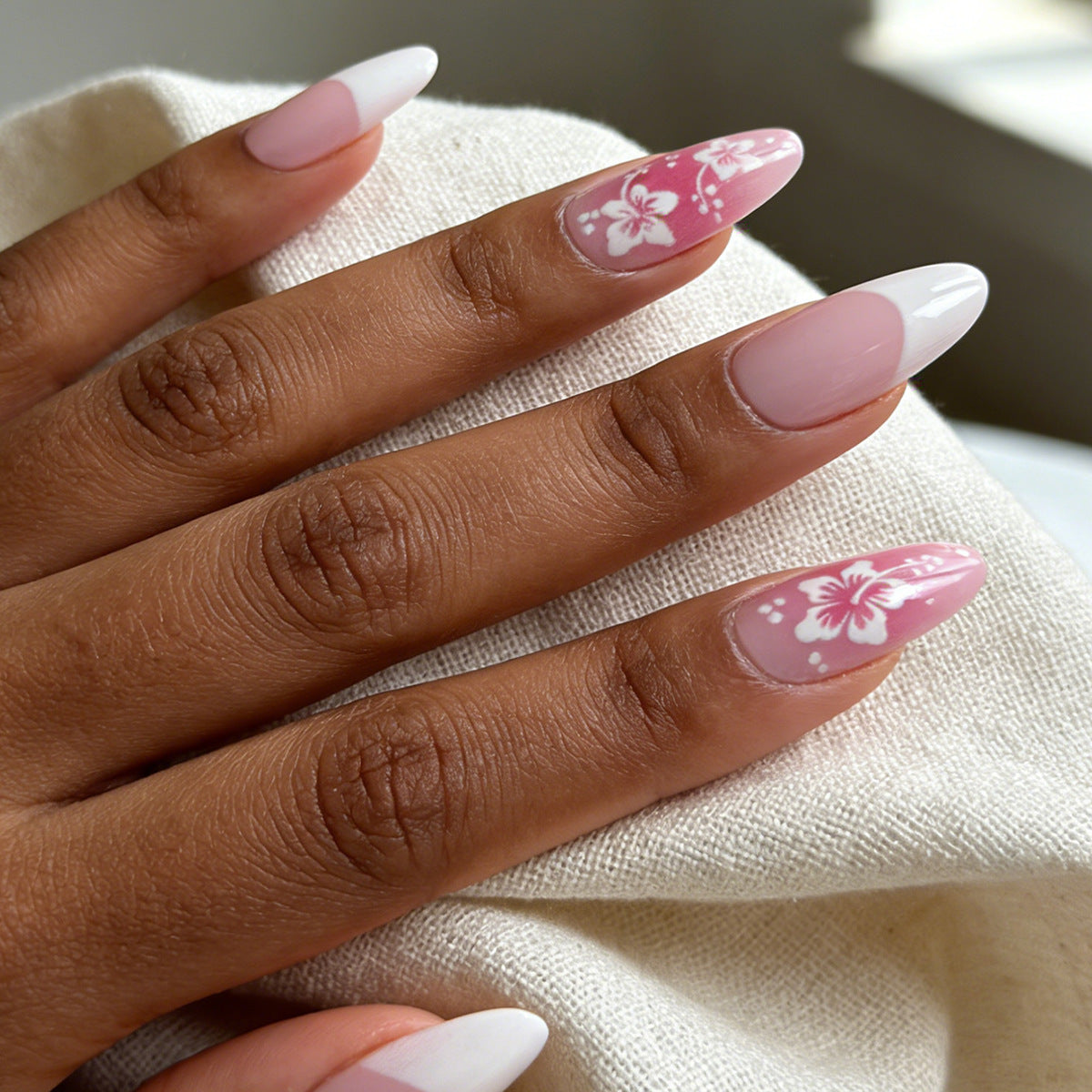 Tropical Paradise Medium Almond Pink with Floral Design Press-On Nail Set