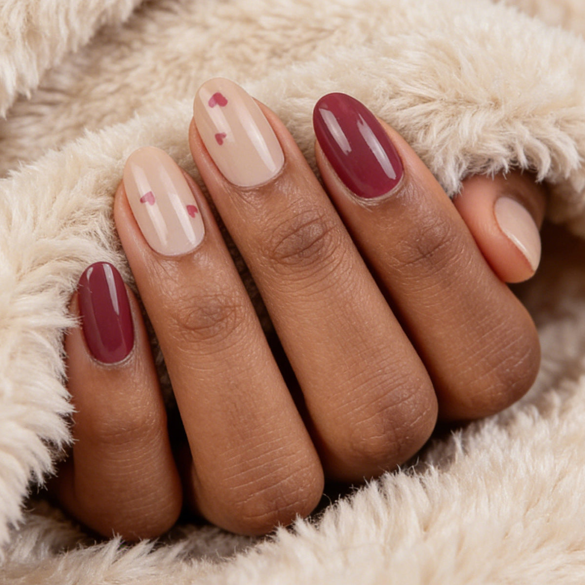Cozy Autumn Vibes Medium Oval Burgundy and Beige Press on Nail Set with Elegant Heart Accents