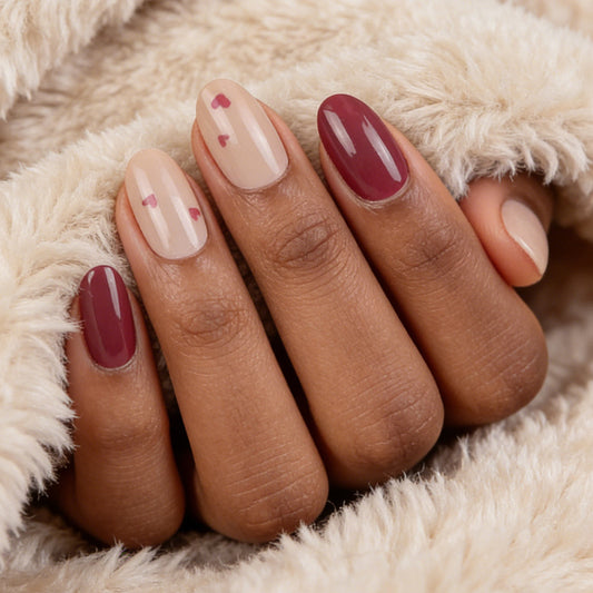 Cozy Autumn Vibes Medium Oval Burgundy and Beige Press on Nail Set with Elegant Heart Accents