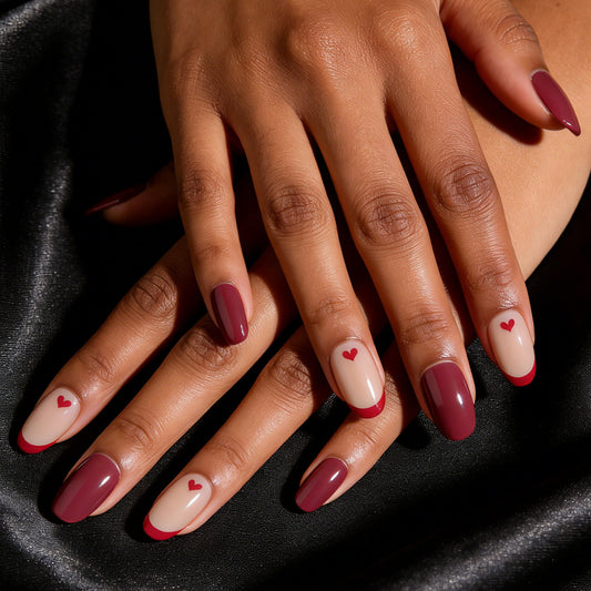 Romantic Heart Theme Medium Oval Burgundy and Beige Press on Nail Set with Unique Love Design