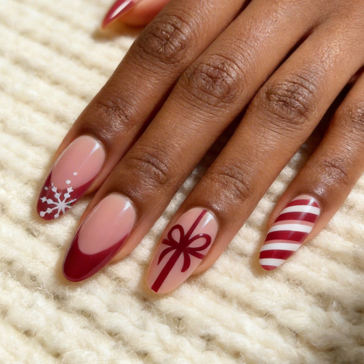 Festive Long Almond Burgundy and Holiday Themed Nail Set