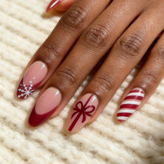 Festive Long Almond Burgundy and Holiday Themed Nail Set
