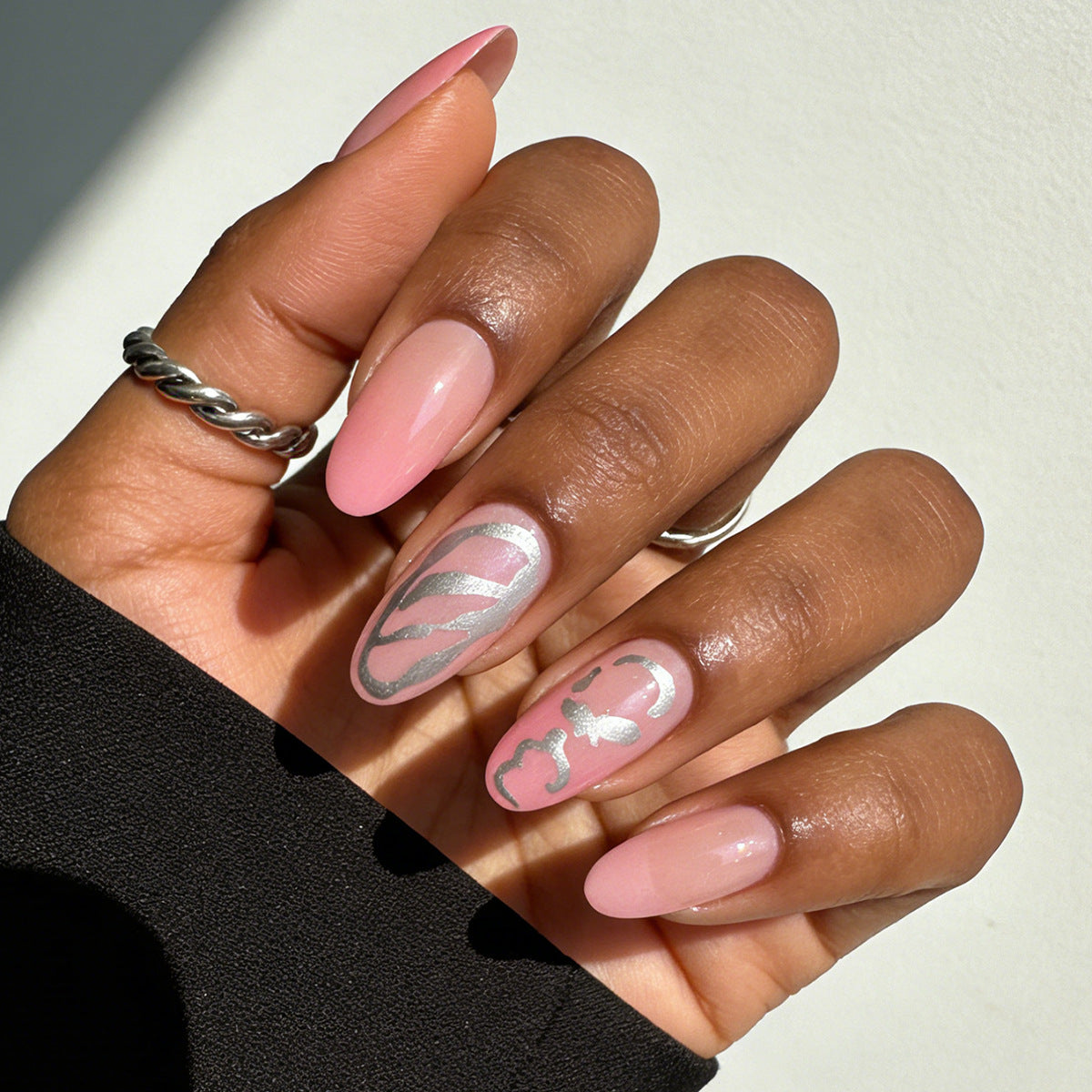 Chic Pastel Medium Almond Pink Press On Nail Set with Unique Metallic Accent