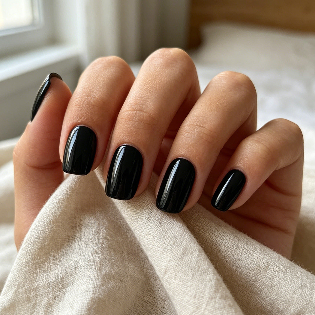 Mystical Elegance Short Square Black Glossy Press On Nail Set with High Shine Finish
