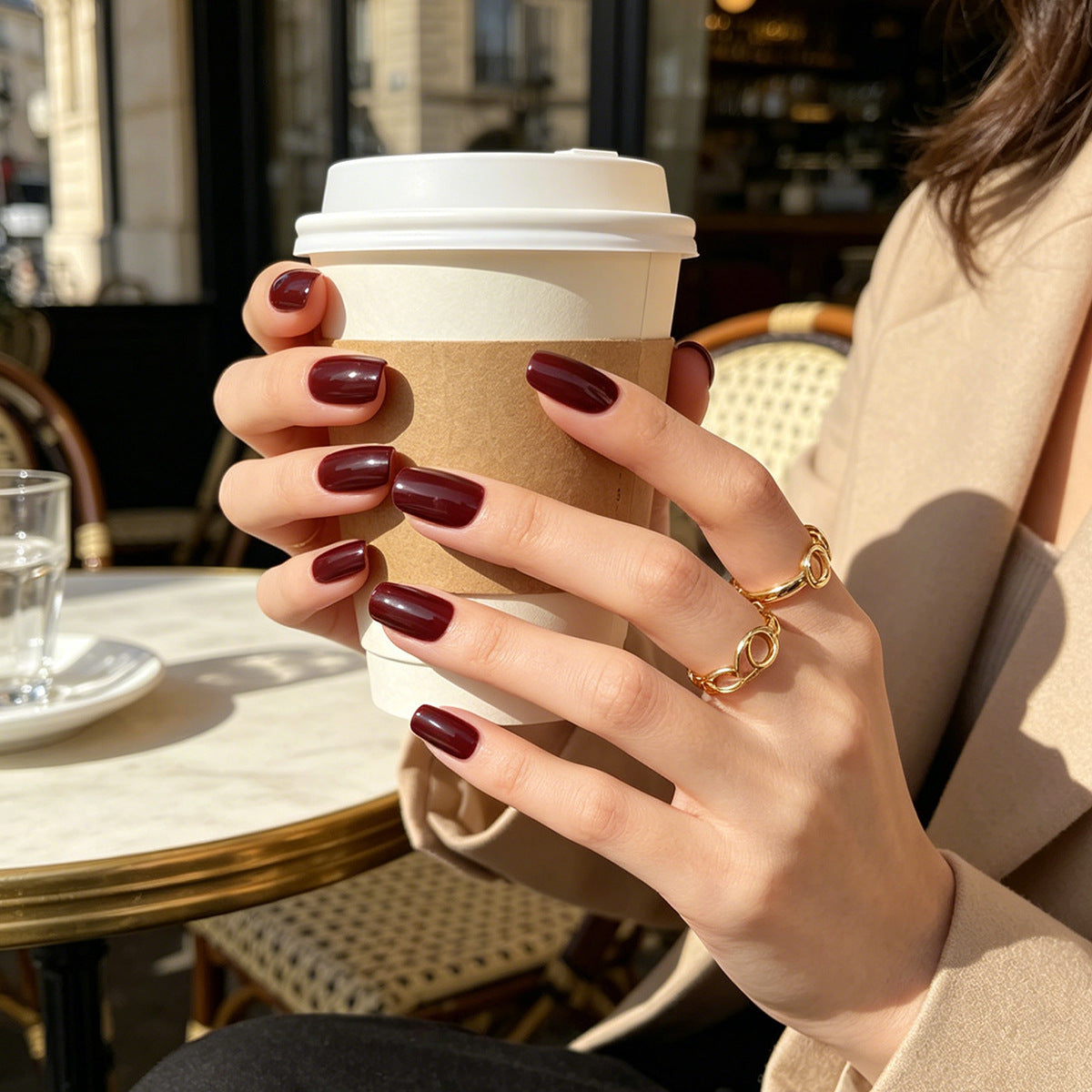 Coffee Shop Chic Short Square Dark Burgundy Press On Nail Set with Glossy Finish