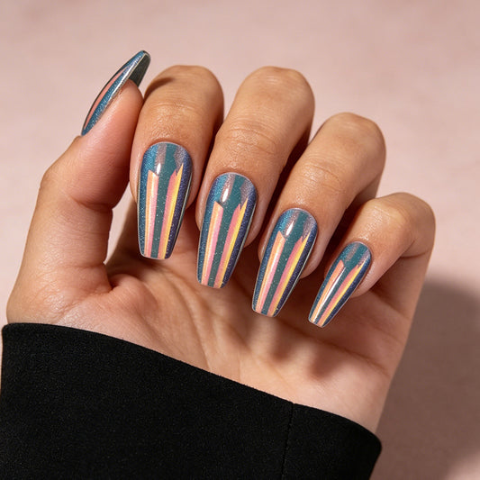 Radiant Galaxy Long Coffin Blue with Colorful Holographic Stripes Press On Nail Set