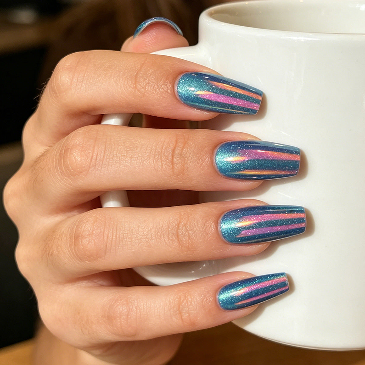 Tropical Vibes Long Coffin Teal with Iridescent Stripes Press On Nail Set
