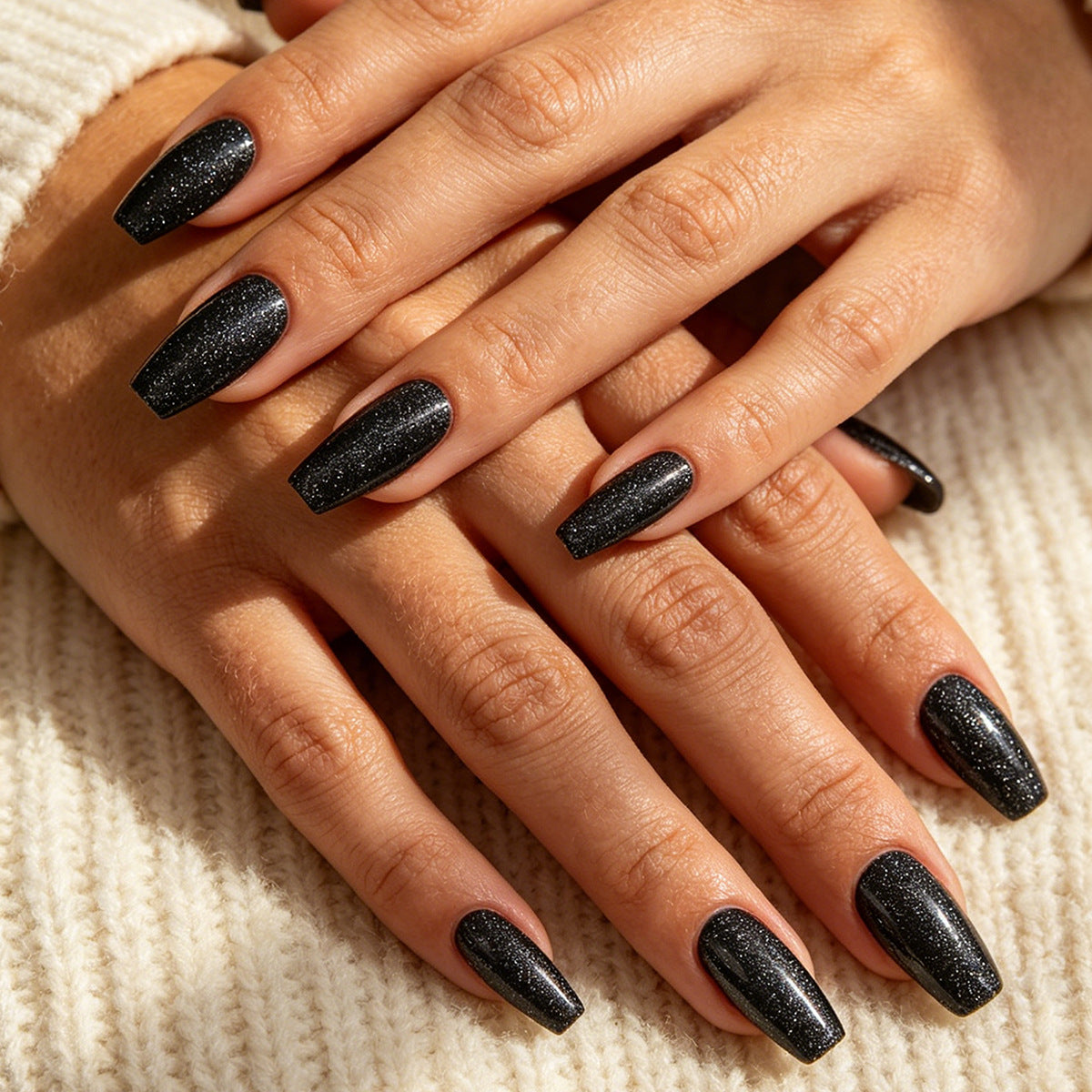 Gothic Elegance Long Coffin Black Sparkle Press On Nail Set
