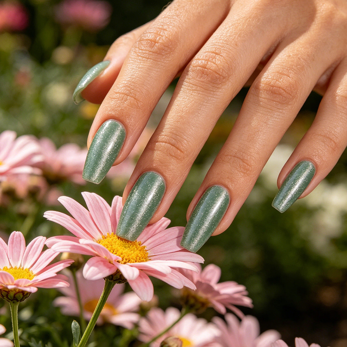 Floral Fantasy Long Coffin Green Shimmer Press On Nail Set
