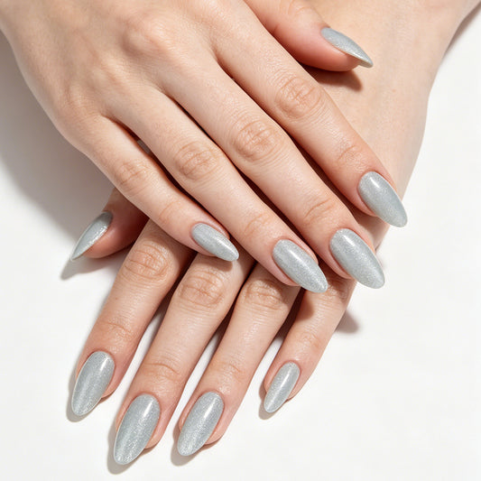 Elegant Silver Stiletto Medium Press On Nail Set with Shimmering Glitter Finish