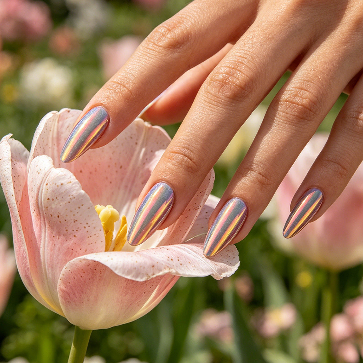 Blooming Elegance Medium Almond Iridescent Press On Nail Set