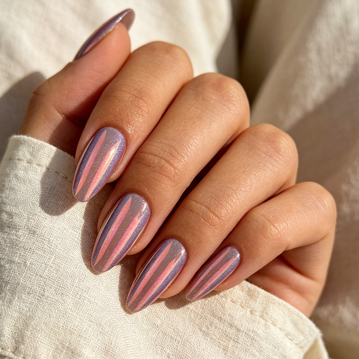 Mystical Radiance Medium Almond Pink Holographic Press on Nail Set