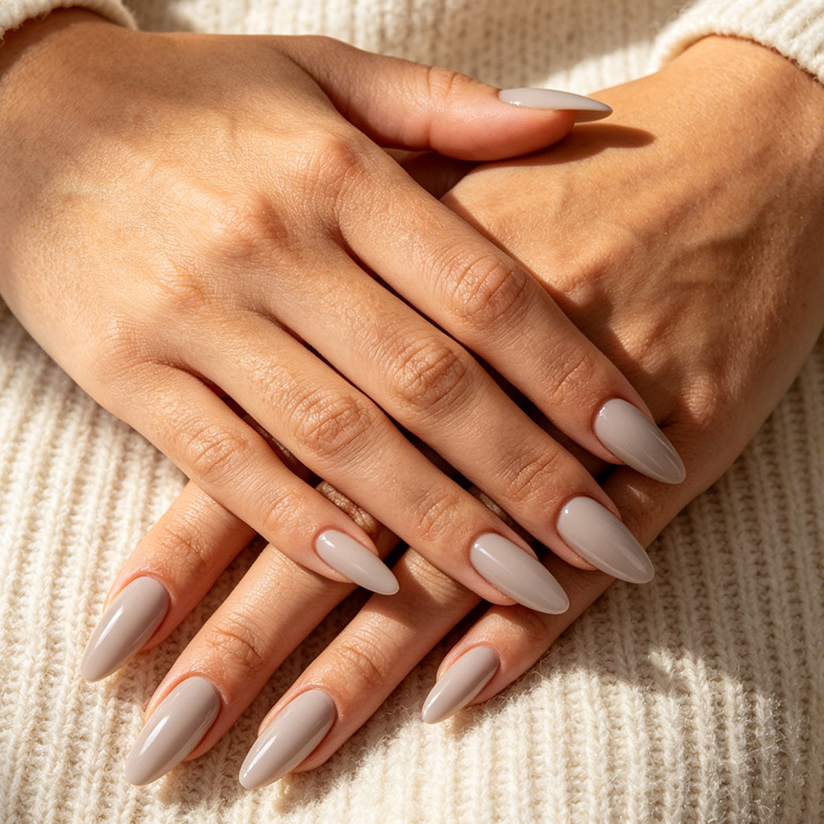 Elegant Medium Almond Gray Press On Nail Set with High Gloss Finish