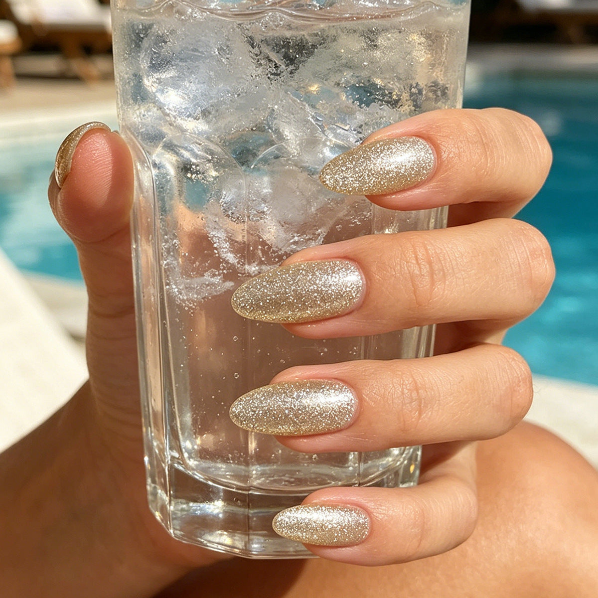 Glamorous Summer Vibes Medium Almond Sparkling Gold Press On Nail Set