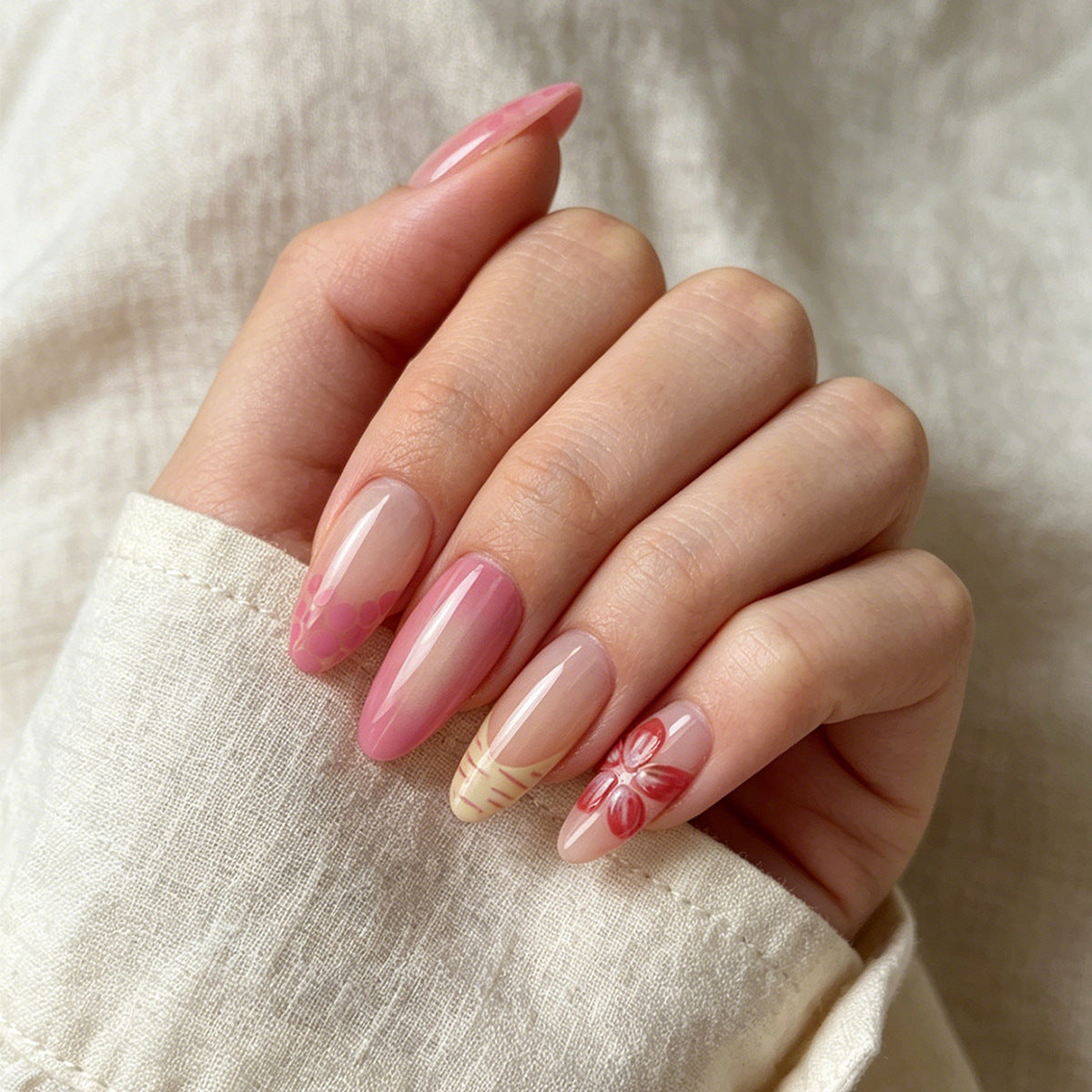 Charming Floral Fantasy Medium Square Pink Press On Nail Set with Artistic Design