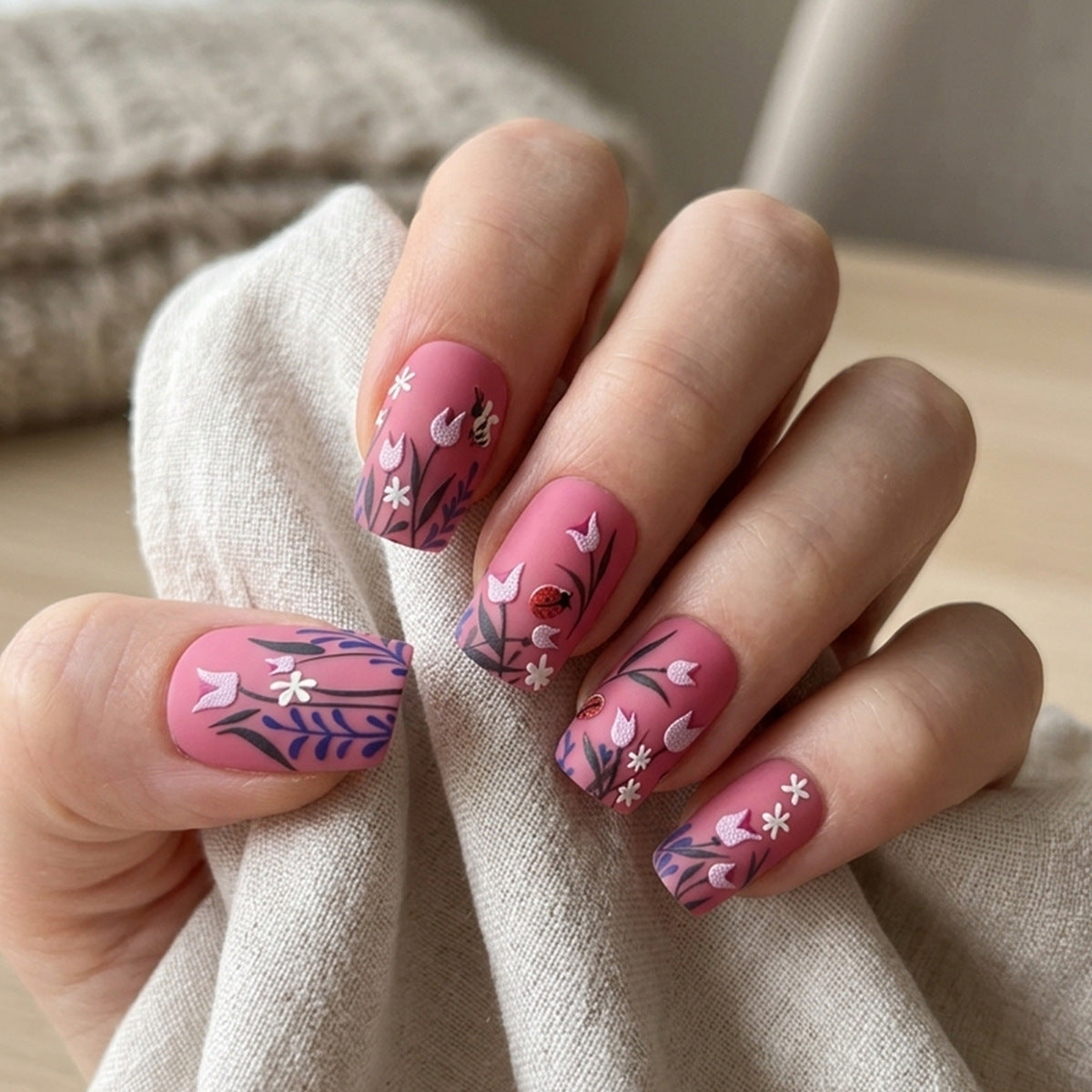 Whimsical Garden Short Square Pink Floral Press On Nail Set with Matte Finish