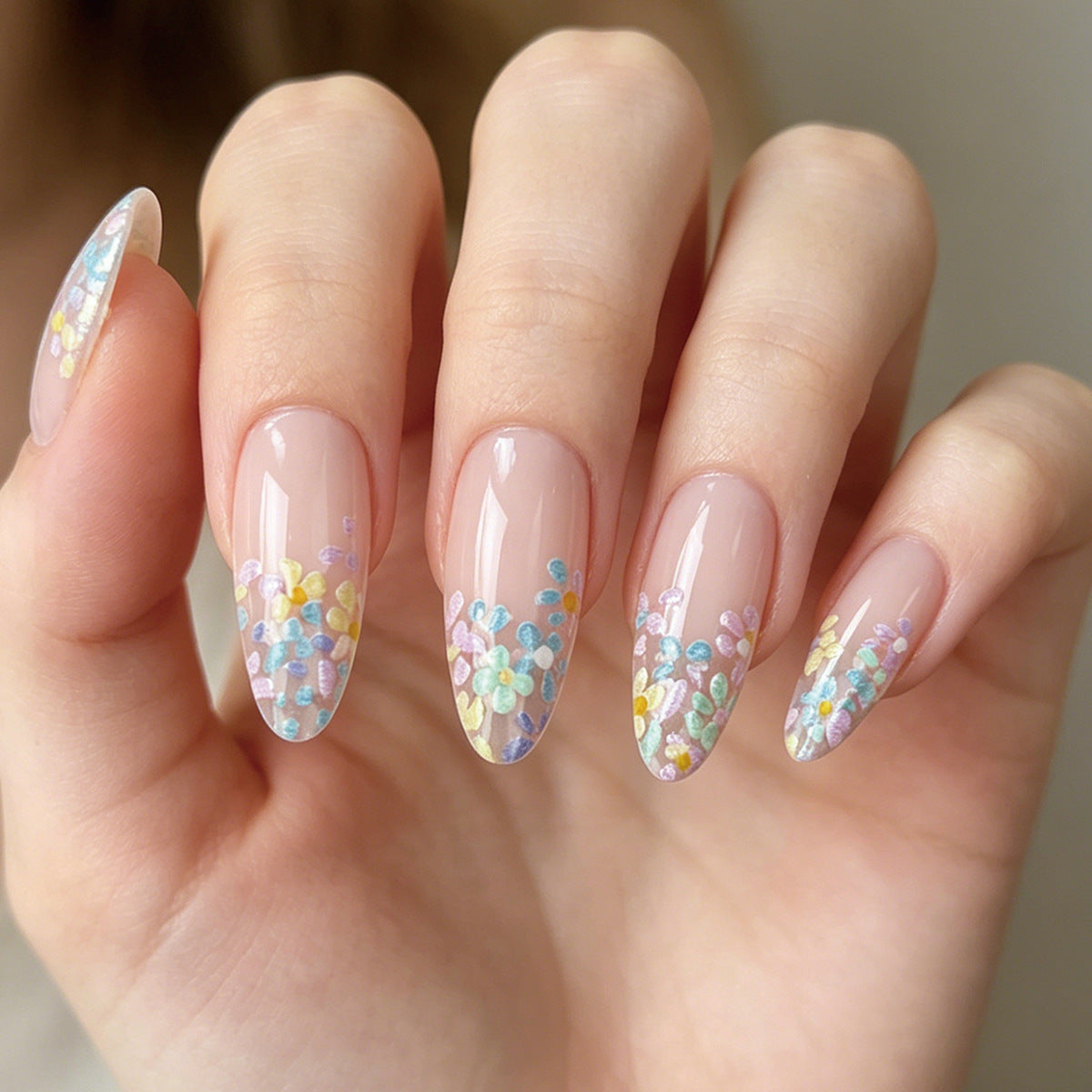 Whimsical Floral Long Almond Pastel Press On Nail Set with Unique Embellishments