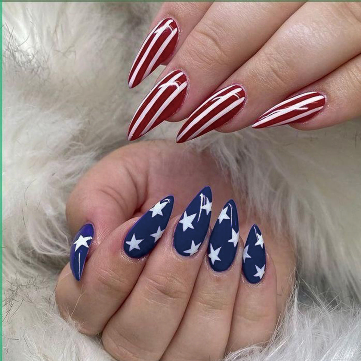 Starry Patriotic Medium Almond Red and Blue with Stripes and Stars Press-On Nail Set