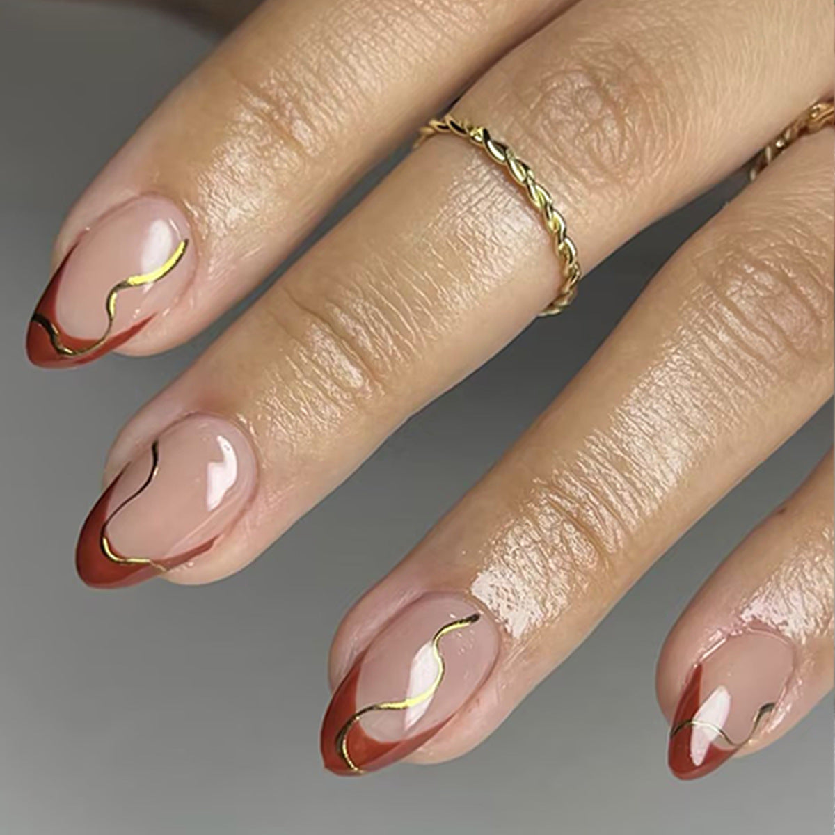 Elegant Earthy Medium Almond Transparent with Gold Swirl Detail Press-On Nail Set