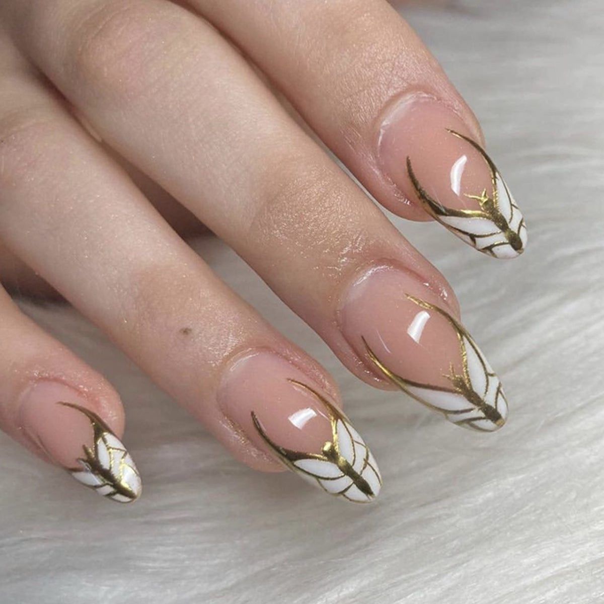 Elegant Floral Gold Accent Medium Almond Press On Nail Set