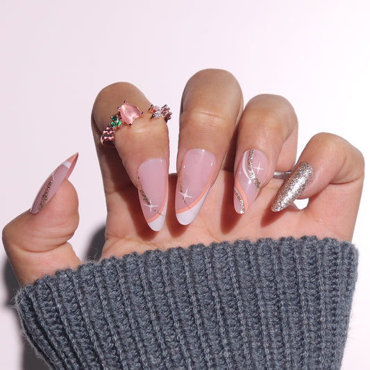 Celestial Glamour Long Almond Pink Press On Nail Set with Glitter Accents