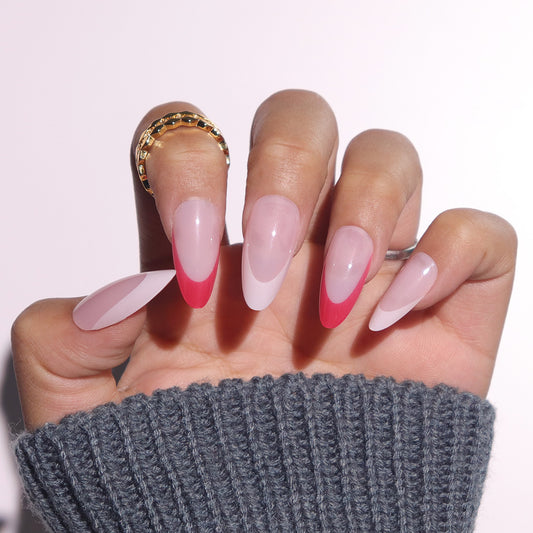 Romantic Blossom Long Almond Press On Nail Set Pink and White with Gradual Ombre Design
