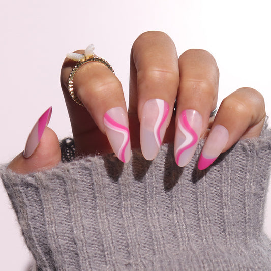 Sassy Swirl Press On Nail Set Long Almond Pink and Clear Gradient with Artistic Wave Design