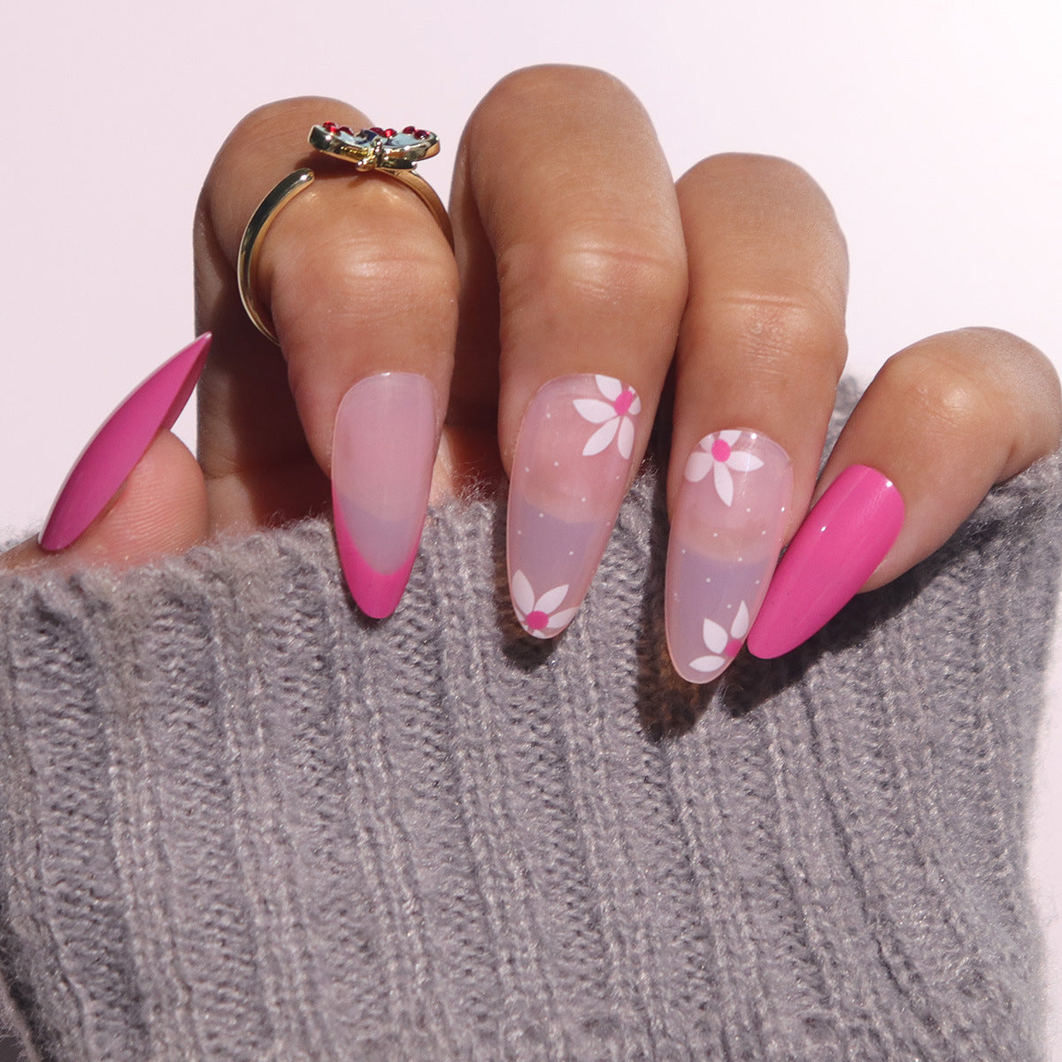 Floral Fantasy Long Almond Hot Pink and Clear Press On Nail Set with Dazzling Flower Design