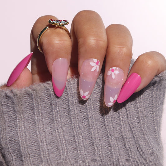 Floral Fantasy Long Almond Hot Pink and Clear Press On Nail Set with Dazzling Flower Design