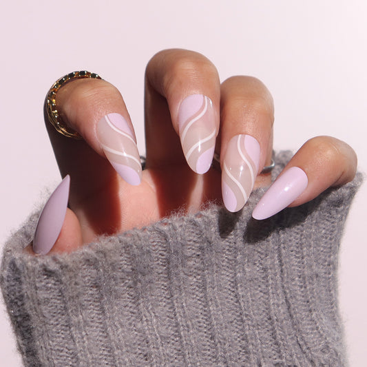 Dreamy Pastel Long Almond Lilac Nails with Elegant Swirl Design