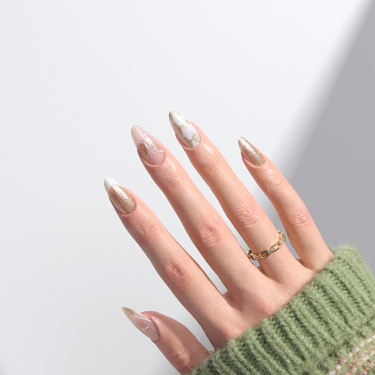 Elegant Bridal Collection Long Almond-Shaped Beige and Glitter Press-On Nail Set with Delicate Floral Accent